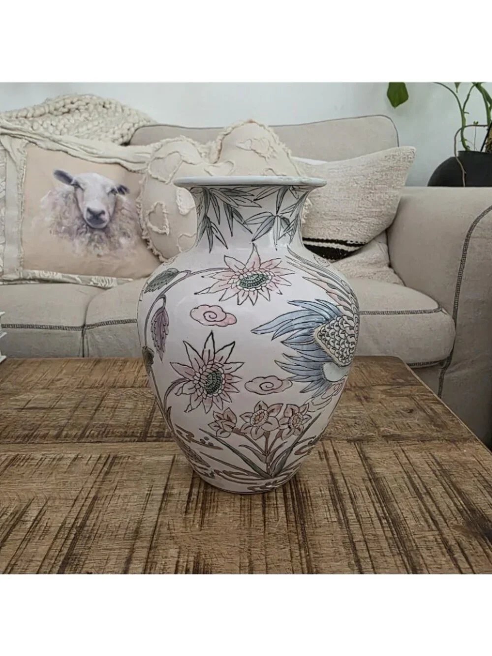 Vintage Chinese Chinoserie Vase Crane Bamboo Flowers 8.5